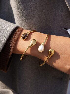 18k Gold Non-tarnish Open Cuff Stone Bracelet